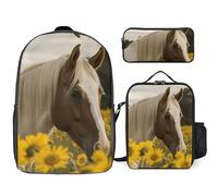 Zaino da 3 pezzi per donne e uomini, leggero, casual, borsa a tracolla, set con borsa termica per il pranzo e astuccio organizer margherita e cavallo