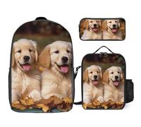 Zaino da 3 pezzi per donne e uomini, leggero, casual, borsa a tracolla, set con borsa termica per il pranzo e astuccio organizer Golden Retriever cani cuccioli animali domestici