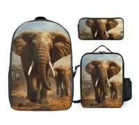 Zaino da 3 pezzi per donne e uomini, leggero, casual, borsa a tracolla, set con borsa termica per il pranzo e astuccio, organizer con elefante, animali, stile, taglia unica