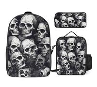 Zaino da 3 pezzi per donne e uomini, leggero, casual, borsa a tracolla, set con borsa termica per il pranzo e astuccio organizer con teschi modello 1
