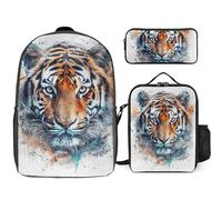 Zaino da 3 pezzi per donne e uomini, leggero, casual, borsa a tracolla, set con borsa termica per il pranzo e astuccio organizer disegna una faccia di tigre