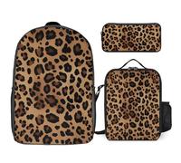 Zaino da 3 pezzi per donne e uomini, leggero, casual, borsa a tracolla, set con borsa termica per il pranzo e astuccio organizer con stampa leopardata