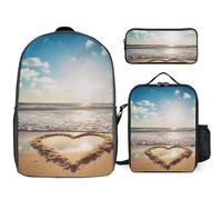 Zaino da 3 pezzi per donne e uomini, leggero, casual, borsa a tracolla, set con borsa termica per il pranzo e astuccio organizer a forma di cuore romantico spiaggia