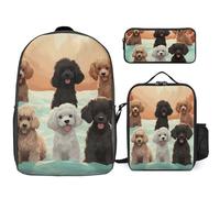 Zaino da 3 pezzi per donne e uomini, leggero, casual, borsa a tracolla, set con borsa termica per il pranzo e astuccio organizer barboncini cani