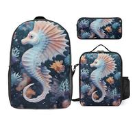 Zaino da 3 pezzi per donne e uomini, leggero, casual, borsa a tracolla, set con borsa termica per il pranzo e astuccio organizer cavalluccio marino e stella marina