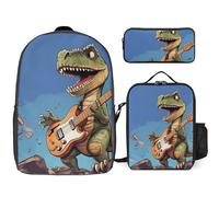 Zaino da 3 pezzi per donne e uomini, leggero, casual, borsa a tracolla, set con borsa termica per il pranzo e astuccio organizer dinosauro che suona la chitarra