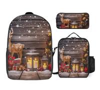 Zaino da 3 pezzi per donne e uomini, leggero, casual, borsa a tracolla, set con borsa termica per il pranzo e astuccio organizer Merry Christmas tavola in legno candela cervo