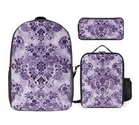 Zaino da 3 pezzi per donne e uomini, leggero, casual, borsa a tracolla, set con borsa termica per il pranzo e astuccio organizer viola motivo pizzo