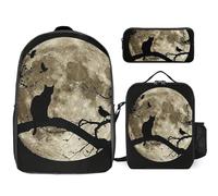 Zaino da 3 pezzi per donne e uomini, leggero, casual, borsa a tracolla, set con borsa termica per il pranzo e astuccio organizer con gatto seduto su un ramo
