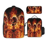 Zaino da 3 pezzi per donne e uomini, leggero, casual, borsa a tracolla, set con borsa termica per il pranzo e astuccio organizer con scheletri di fuoco