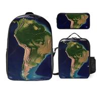 Zaino da 3 pezzi per donne e uomini, leggero, casual, borsa a tracolla, set con borsa termica per il pranzo e astuccio organizer con immagine satellitare del Sud America