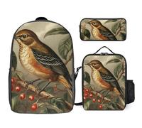 Zaino da 3 pezzi per donne e uomini, leggero, casual, borsa a tracolla, set con borsa termica per il pranzo e astuccio organizer con uccello sul ramo