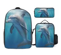 Zaino da 3 pezzi per donne e uomini, leggero, casual, borsa a tracolla, set con borsa termica per il pranzo e astuccio organizer Winter The Dolphin
