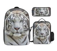Zaino da 3 pezzi per donne e uomini, leggero, casual, borsa a tracolla, set con borsa termica per il pranzo e astuccio organizer tigre bianca