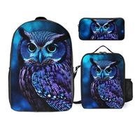 Zaino da 3 pezzi per donne e uomini, leggero, casual, borsa a tracolla, set con borsa termica per il pranzo e astuccio organizer blu gufo