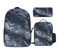 Zaino da 3 pezzi per donne e uomini, leggero, casual, borsa a tracolla, set con borsa termica per il pranzo e astuccio organizer marmo, blu navy misto