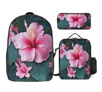 Zaino da 3 pezzi per donne e uomini, leggero, casual, borsa a tracolla, set con borsa termica per il pranzo e astuccio organizer con fiori hawaiani