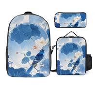 Zaino da 3 pezzi per donne e uomini, leggero, casual, borsa a tracolla, set con borsa termica per il pranzo e astuccio organizer blu e bianco in stile cinese fiore e uccello