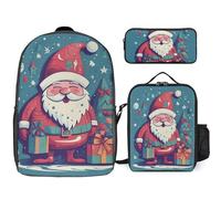 Zaino da 3 pezzi per donne e uomini, leggero, casual, borsa a tracolla, set con borsa termica per il pranzo e astuccio organizer con Babbo Natale sorridente felice