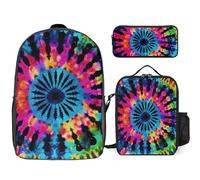 Zaino da 3 pezzi per donne e uomini, leggero, casual, borsa a tracolla, set con borsa termica per il pranzo e astuccio organizer esotico tribale stile tie dye