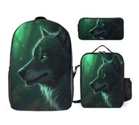 Zaino da 3 pezzi per donne e uomini, leggero, casual, borsa a tracolla, set con borsa termica per il pranzo e astuccio organizer con lupo verde