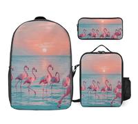 Zaino da 3 pezzi per donne e uomini, leggero, casual, borsa a tracolla, set con borsa termica per il pranzo e astuccio organizer con fenicotteri al crepuscolo