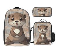 Zaino da 3 pezzi per donne e uomini, leggero, casual, borsa a tracolla, set con borsa termica per il pranzo e astuccio organizer per matite in stile cartone animato carino lontra