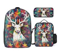 Zaino da 3 pezzi per donne e uomini, leggero, casual, borsa a tracolla, set con borsa termica per il pranzo e astuccio organizer triangoli colorati renna e fiocchi di neve