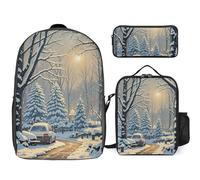 Zaino da 3 pezzi per donne e uomini, leggero, casual, borsa a tracolla, set con borsa termica per il pranzo e astuccio organizer per scena invernale sulla neve