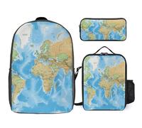 Zaino da 3 pezzi per donne e uomini, leggero, casual, borsa a tracolla, set con borsa termica per il pranzo e astuccio organizer mappa del mondo