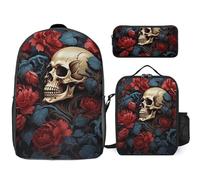 Zaino da 3 pezzi per donne e uomini, leggero, casual, borsa a tracolla, set con borsa termica per il pranzo e astuccio organizer con immagine di teschio poster