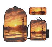 Zaino da 3 pezzi per donne e uomini, leggero, casual, borsa a tracolla, set con borsa termica per il pranzo e astuccio organizer con faro marino al tramonto