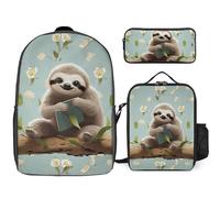 Zaino da 3 pezzi per donne e uomini, leggero, casual, borsa a tracolla, set con borsa termica per il pranzo e astuccio organizer con simpatici bradipi
