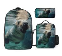 Zaino da 3 pezzi per donne e uomini, leggero, casual, borsa a tracolla, set con borsa termica per il pranzo e astuccio organizer divertente leone marino