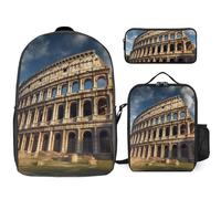 Zaino da 3 pezzi per donne e uomini, leggero, casual, borsa a tracolla, set con borsa termica per il pranzo e astuccio organizer architettura antica