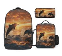 Zaino da 3 pezzi per donne e uomini, leggero, casual, borsa a tracolla, set con borsa termica per il pranzo e astuccio, organizer con delfini che saltano fuori dall'acqua al tramonto