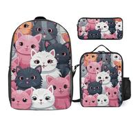 Zaino da 3 pezzi per donne e uomini, leggero, casual, borsa a tracolla, set con borsa termica per il pranzo e astuccio organizer con gattini carini