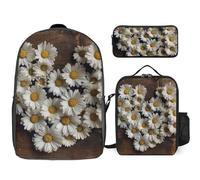 Zaino da 3 pezzi per donne e uomini, leggero, casual, borsa a tracolla, set con borsa termica per il pranzo e astuccio organizer margherite fiori su tavola di legno
