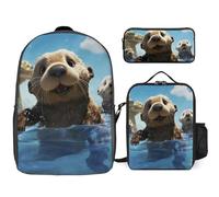 Zaino da 3 pezzi per donne e uomini, leggero, casual, borsa a tracolla, set con borsa termica per il pranzo e astuccio organizer con bella stampa di lontra marina