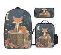 Zaino da 3 pezzi per donne e uomini, leggero, casual, borsa a tracolla, set con borsa termica per il pranzo e astuccio organizer seduto su un ceppo d'albero