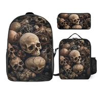 Zaino da 3 pezzi per donne e uomini, leggero, casual, borsa a tracolla, set con borsa termica per il pranzo e astuccio organizer alcune forme di teschio