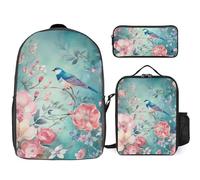 Zaino da 3 pezzi per donne e uomini, leggero, casual, borsa a tracolla, set con borsa termica per il pranzo e astuccio organizer per matite stile fiore e uccello