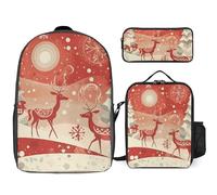 Zaino da 3 pezzi per donne e uomini, leggero, casual, borsa a tracolla, set con borsa termica per il pranzo e astuccio organizer rosso con renna natalizia