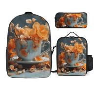 Zaino da 3 pezzi per donne e uomini, leggero, casual, borsa a tracolla, set con borsa termica per il pranzo e astuccio organizer con fiori nella tazza