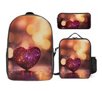 Zaino da 3 pezzi per donne e uomini, leggero, casual, borsa a tracolla, set con borsa termica per il pranzo e astuccio organizer con cuore brillante