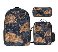Zaino da 3 pezzi per donne e uomini, leggero, casual, borsa a tracolla, set con borsa termica per il pranzo e astuccio organizer con cervo che dorme