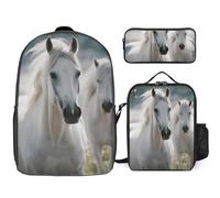 Zaino da 3 pezzi per donne e uomini, leggero, casual, borsa a tracolla, set con borsa termica per il pranzo e astuccio organizer con cavalli bianchi, stile, taglia unica