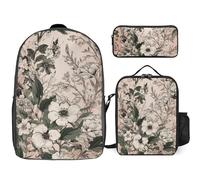 Zaino da 3 pezzi per donne e uomini, leggero, casual, borsa a tracolla, set con borsa termica per il pranzo e astuccio organizer con fiori verdi e bianchi