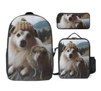 Zaino da 3 pezzi per donne e uomini, leggero, casual, borsa a tracolla, set con borsa termica per il pranzo e astuccio organizer riccio e cane