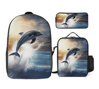 Zaino da 3 pezzi per donne e uomini, leggero, casual, borsa a tracolla, set con borsa termica per il pranzo e astuccio organizer, bellissimo delfino